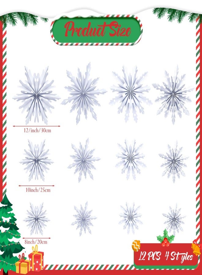 Fuyoooo 12 Pcs Snowflakes Hanging Decorations Blue Purple White Paper Fans Hollow Snowflakes Ceiling Hangings Decor Ice Birthday Fans Decor for Wedding Birthday Holiday Party Decoration(White) - Image 2
